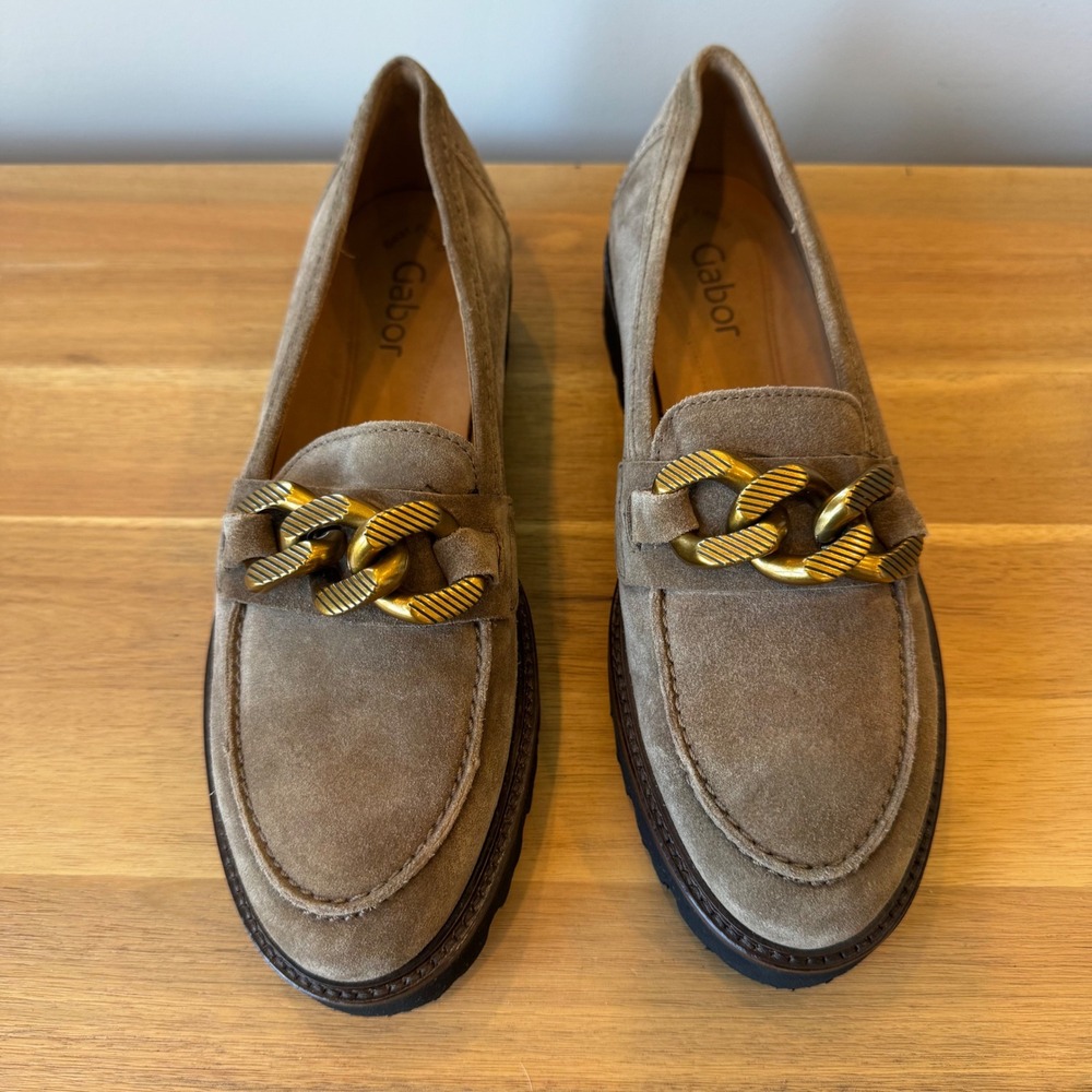 Gabor Women‎ 7.5 UK 5 Tan Suede Chunky Chain Link Loafers Lug Sole Shoes Preppy - Picture 8 of 16